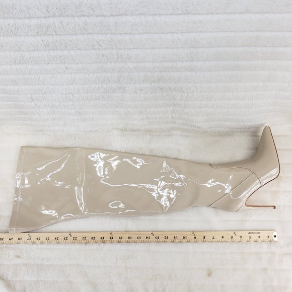 Bad Girlz Off White Nude Stretch Patent Wide Top Thigh High Heel Boots Brand New - Picture 10 of 10